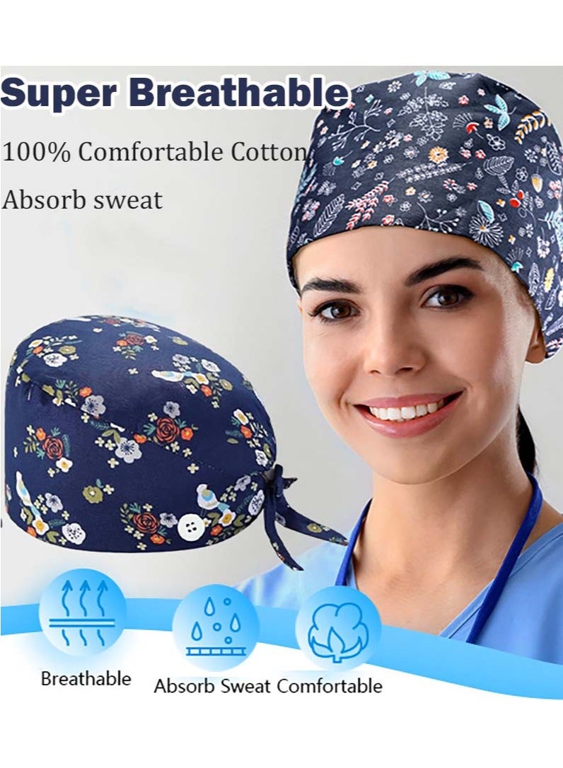 YIM-VIBEHAUS 3 Pack Working Cap with Buttons and Sweatband, Cotton Printed Adjustable Bouffant Tie Back Hats for Women and Men Nurse Hat with Buttons One Size  - Image 5