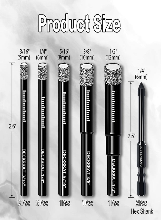 DECKRKAT 10-Piece Dry Diamond Core & Masonry Drill Bit Set- 3/16"(x2), 1/4"(x3), 5/16", 3/8", 1/2" + 1/4"(x2) Masonry Bit for Tile,Ceramic, Porcelain,Marble,Granite. - Image 2