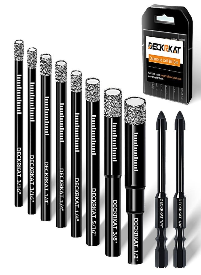 DECKRKAT 10-Piece Dry Diamond Core & Masonry Drill Bit Set- 3/16"(x2), 1/4"(x3), 5/16", 3/8", 1/2" + 1/4"(x2) Masonry Bit for Tile,Ceramic, Porcelain,Marble,Granite. - Image 1
