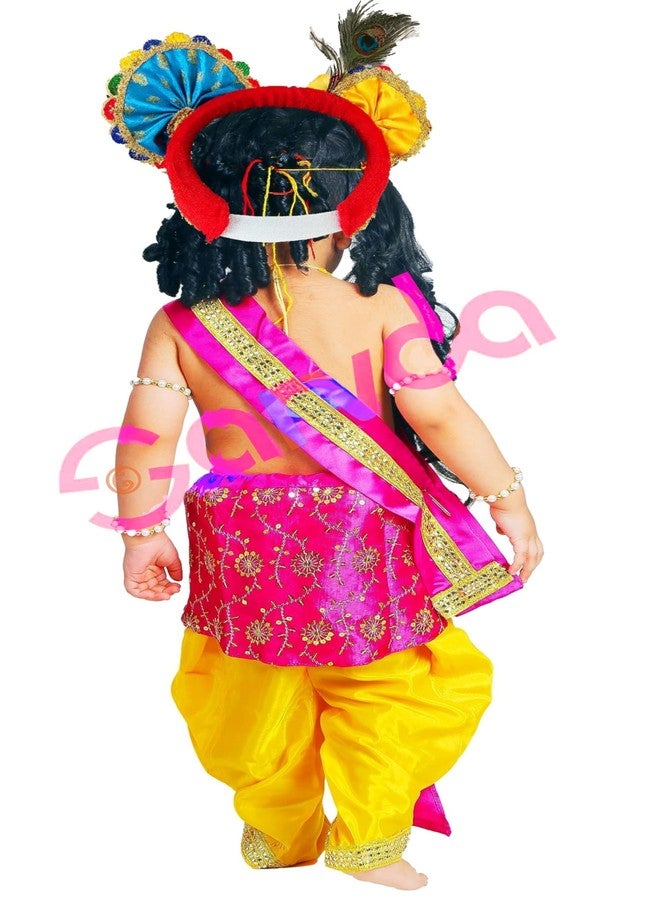 Sarvda Brocade Krishna Dress for Baby Boy Baby Girl | Janmashtami Dress | Kids Kanha Ji Accessories | Mor Pankh Dhoti Bansuri Complete Set - Image 3