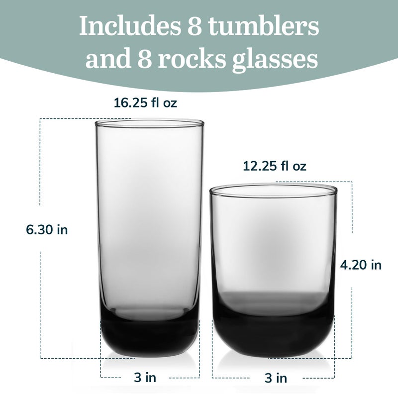 Libbey Polaris Tumbler and Rocks Glass Set, Smoke Hue Drinkware Glasses Set, Lead-Free Tall Water Glasses with Modern Clean Lines, Dishwasher Safe Drinking Glasses Set of 16 - Image 3