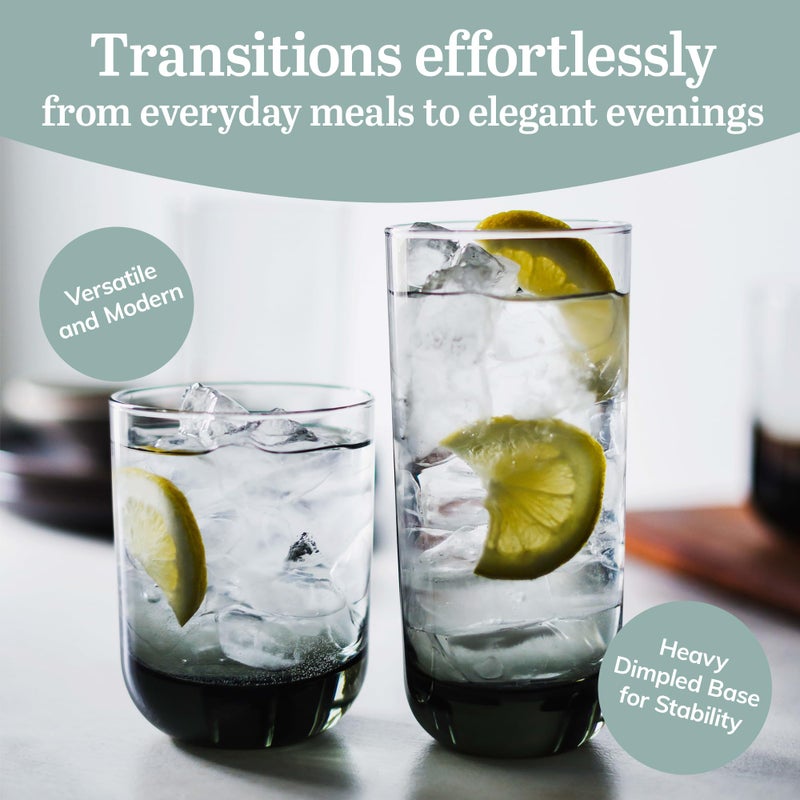 Libbey Polaris Tumbler and Rocks Glass Set, Smoke Hue Drinkware Glasses Set, Lead-Free Tall Water Glasses with Modern Clean Lines, Dishwasher Safe Drinking Glasses Set of 16 - Image 2