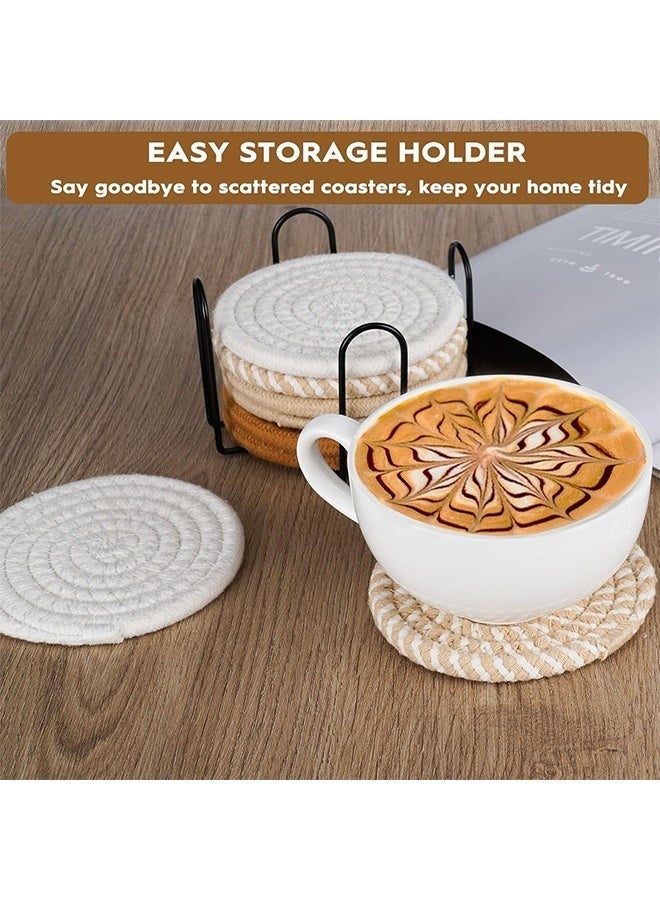 SHAOZHEN 8 Pcs Drink Coasters with Holder, Boho Minimalist Cotton Woven Coasters Set for Drinks Absorbent Coffee Table Home Decor Bar Tabletop Protection, Suitable for Kinds of Cups 4.3 Inch - Image 5