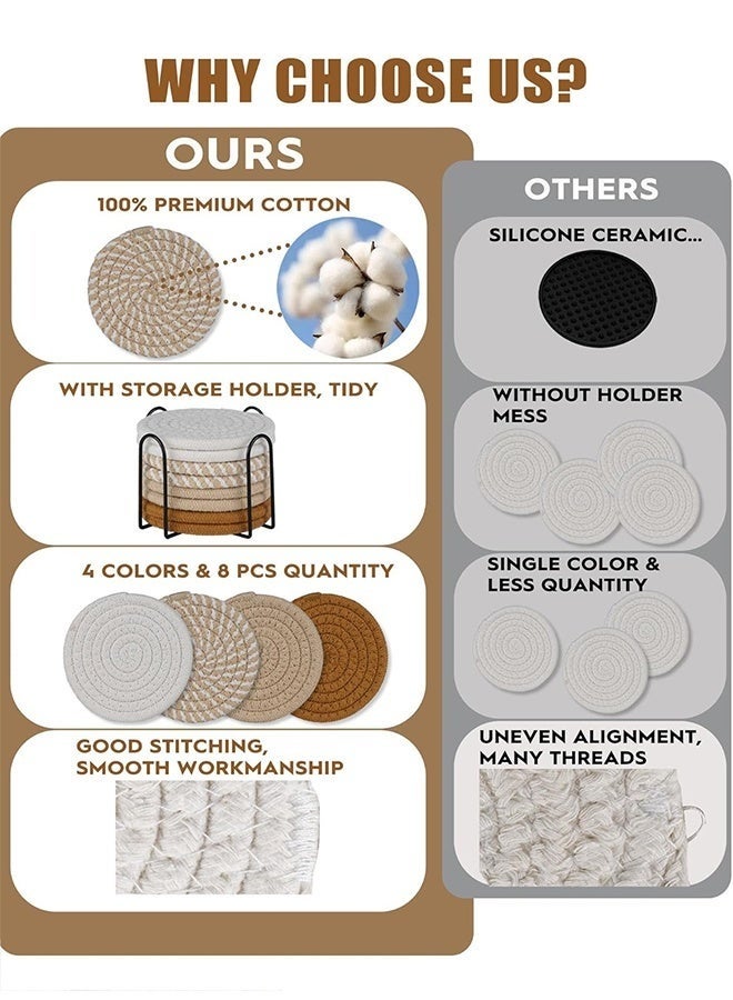 SHAOZHEN 8 Pcs Drink Coasters with Holder, Boho Minimalist Cotton Woven Coasters Set for Drinks Absorbent Coffee Table Home Decor Bar Tabletop Protection, Suitable for Kinds of Cups 4.3 Inch - Image 3