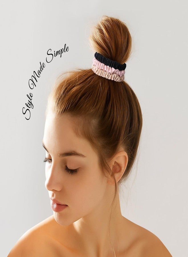 NatureKess 6PCS 100% Mulberry Silk Scrunchies Set, 2 Large and 4 Thin Silk Hair Ties for Women, No Damage Hair Accessories, Black Pink Champagne - Image 3