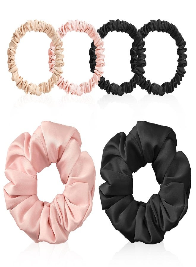 NatureKess 6PCS 100% Mulberry Silk Scrunchies Set, 2 Large and 4 Thin Silk Hair Ties for Women, No Damage Hair Accessories, Black Pink Champagne - Image 1