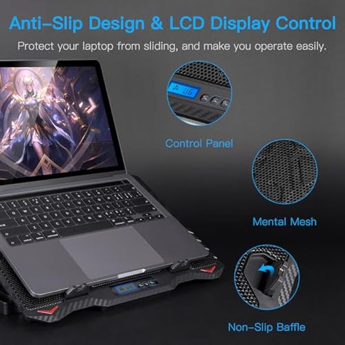 rayihni PORTABLE PC COOLER, VENTILATED COMPUTER STAND WITH 6 SILENT FANS, 5 HEIGHT ADJUSTMENT, 2 USB PORTS AND BLUE LED LIGHT FOR GAMING AND OFFICE - Image 2