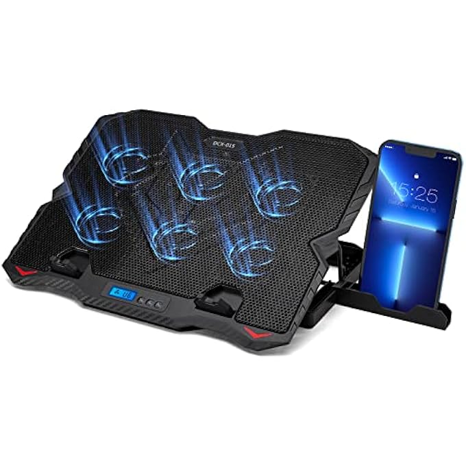 rayihni PORTABLE PC COOLER, VENTILATED COMPUTER STAND WITH 6 SILENT FANS, 5 HEIGHT ADJUSTMENT, 2 USB PORTS AND BLUE LED LIGHT FOR GAMING AND OFFICE - Image 1