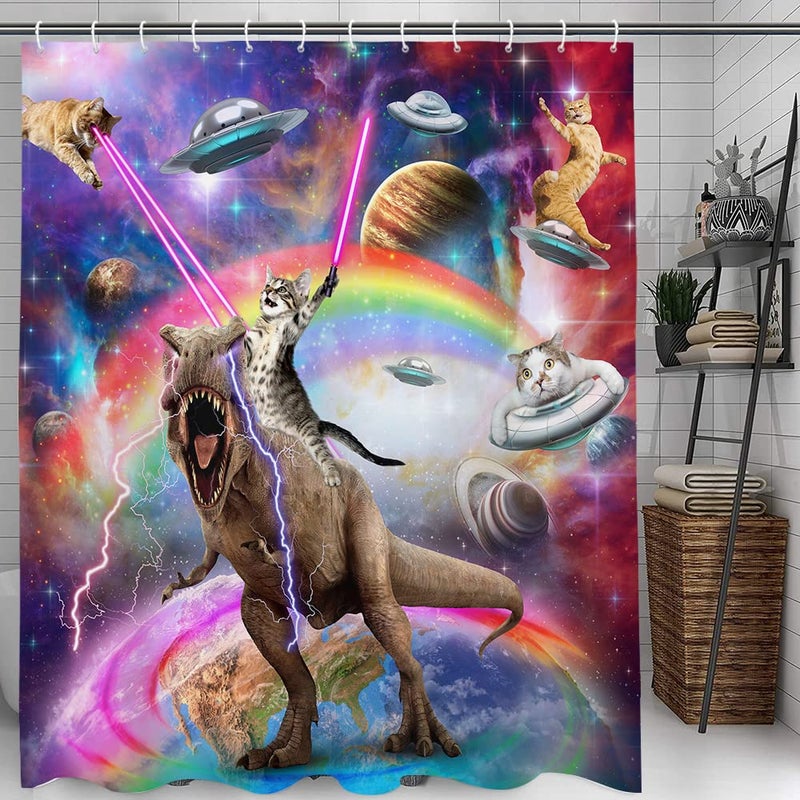 Uokiuki Funny Cat Shower Curtain Boys Kids Bathroom Decor, Cool Riding Dinosaur On Fantasy Galaxy Hilarious Curtain, Funky Outer Space Universe Anime Fabric with 12PCS Hooks, 70X70IN - Image 3