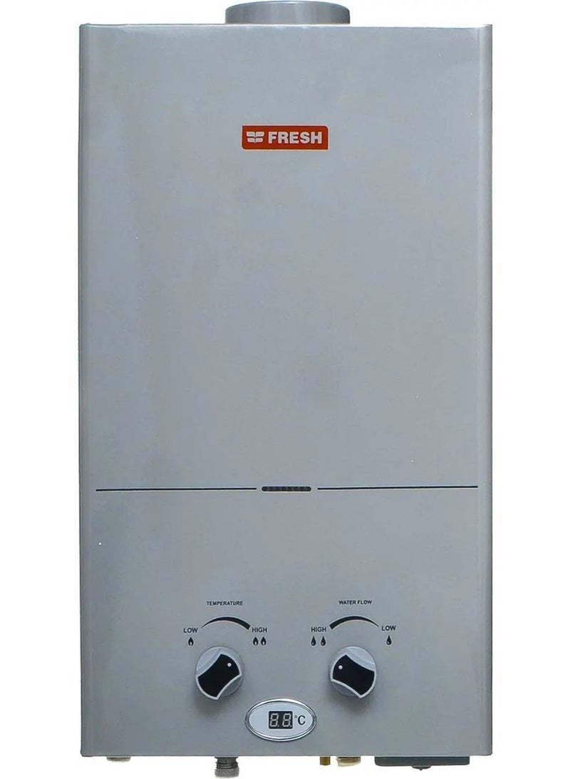 فريش سخان مياه غاز فريش، 10 لتر، ديجيتال ، غاز انبوبة ، ادابتر، فضي - Image 1