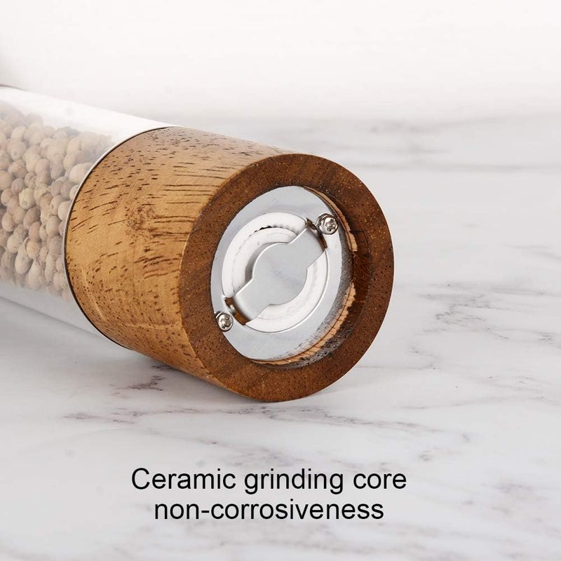 8 Inch Salt And Pepper Grinder Set, Manual Acrylic Spice Mills With Adjustable Ceramic Core And Wooden Top, Pack Of 2 - Image 3