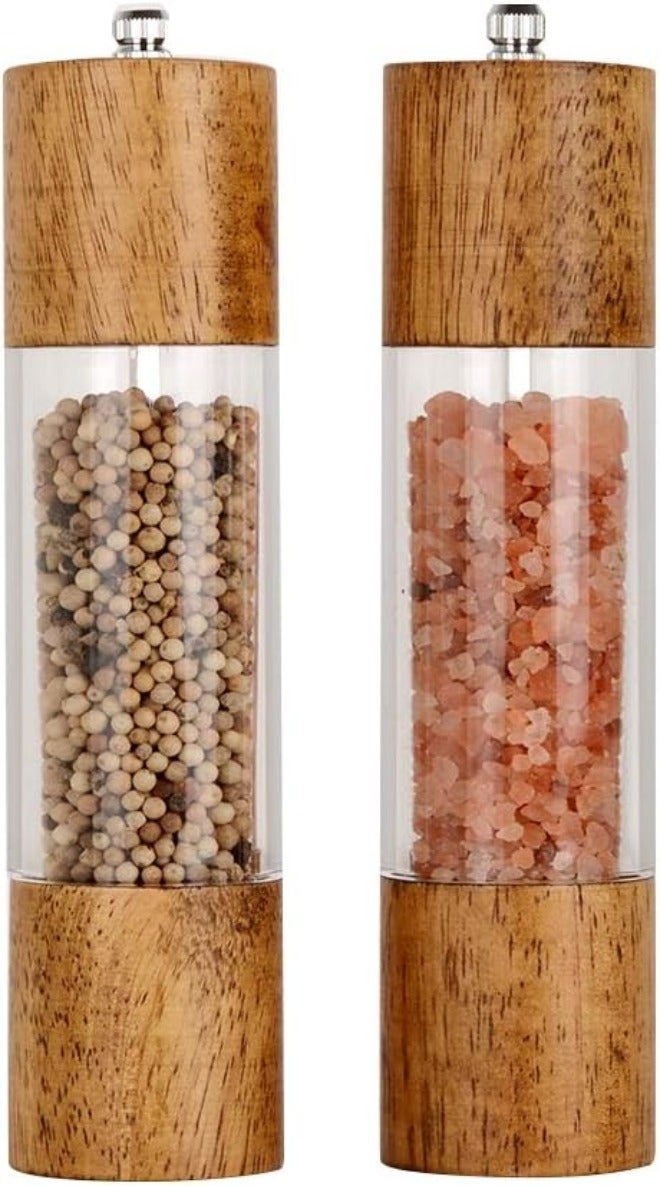 8 Inch Salt And Pepper Grinder Set, Manual Acrylic Spice Mills With Adjustable Ceramic Core And Wooden Top, Pack Of 2 - Image 1