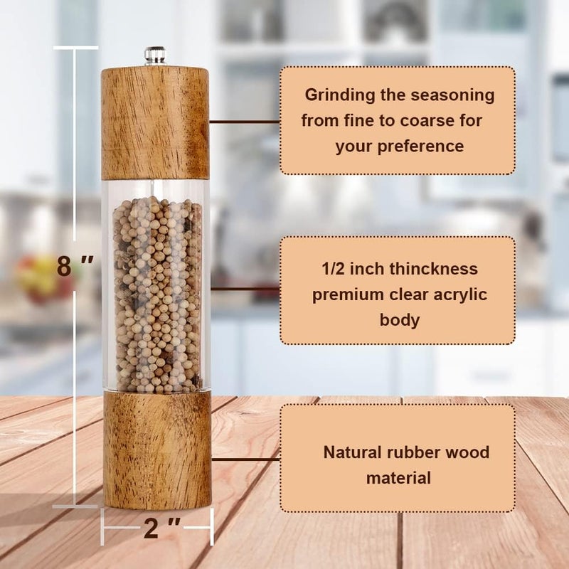 8 Inch Salt And Pepper Grinder Set, Manual Acrylic Spice Mills With Adjustable Ceramic Core And Wooden Top, Pack Of 2 - Image 2