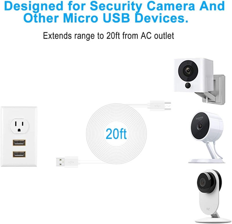 SCOVEE كابل تمديد طاقة USB بطول 20 قدم لكاميرات WyzeCam وWyzeCam Pan وكاميرا YI وكاميرا NestCam الداخلية وكاميرا Netvue وكاميرا KasaCam الداخلية وكاميرا Furbo Dog وكاميرا Blink وكاميرا Cloud وكابل شحن من نوع A إلى Micro USB لكاميرات الأمان - Image 2