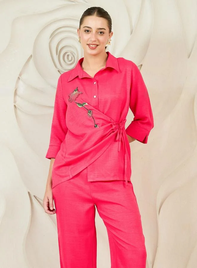 Athena Pink Beaded Detail Wrap Shirt and Pants Co-ords