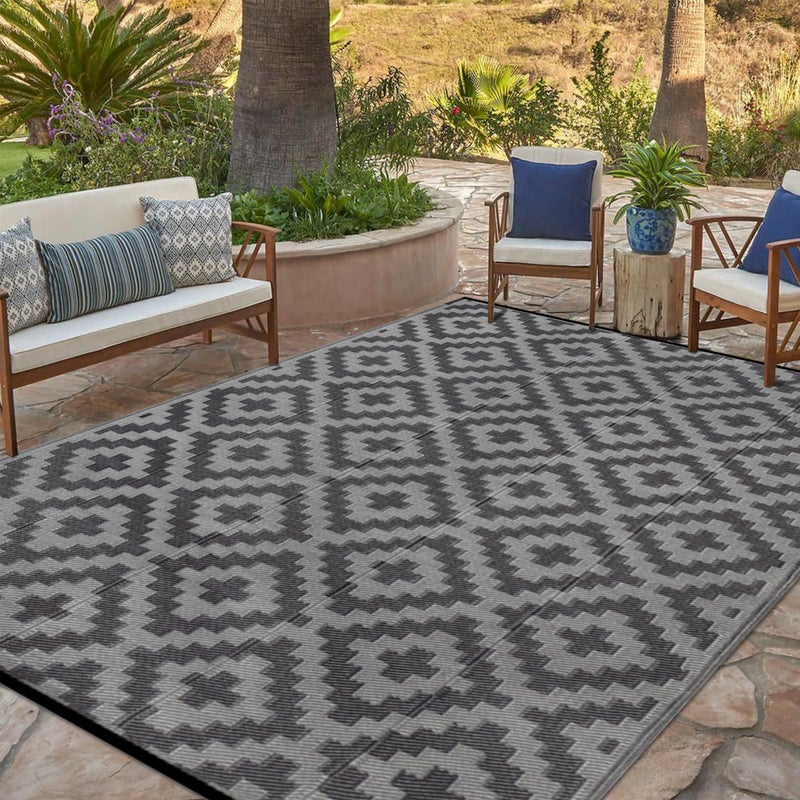 SAND MINE Waterproof Outdoor Rug 6x9 ft, Plastic Reversible Rug, Modern Area Rug, Large Floor Mat for Outdoors, RV, Patio, Backyard, Deck, Picnic, Beach, Camping, Black Grey Lattice - Image 1