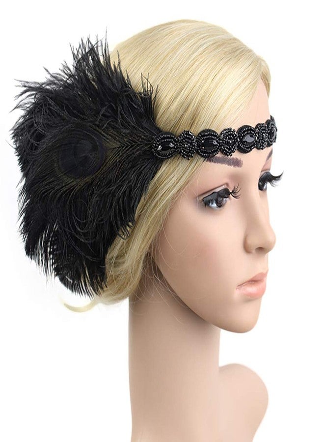 StarDY 1920s Flapper Headbands Great Gatsby Rhinestone Headpiece with Peacock Feather Jewel Hair Accessories (Black) - Image 2