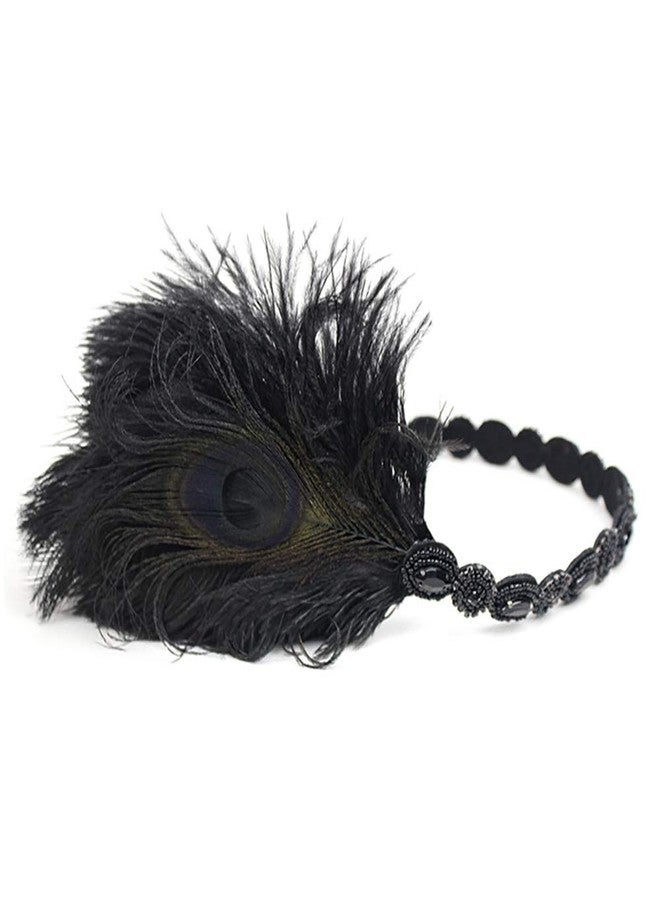 StarDY 1920s Flapper Headbands Great Gatsby Rhinestone Headpiece with Peacock Feather Jewel Hair Accessories (Black) - Image 3