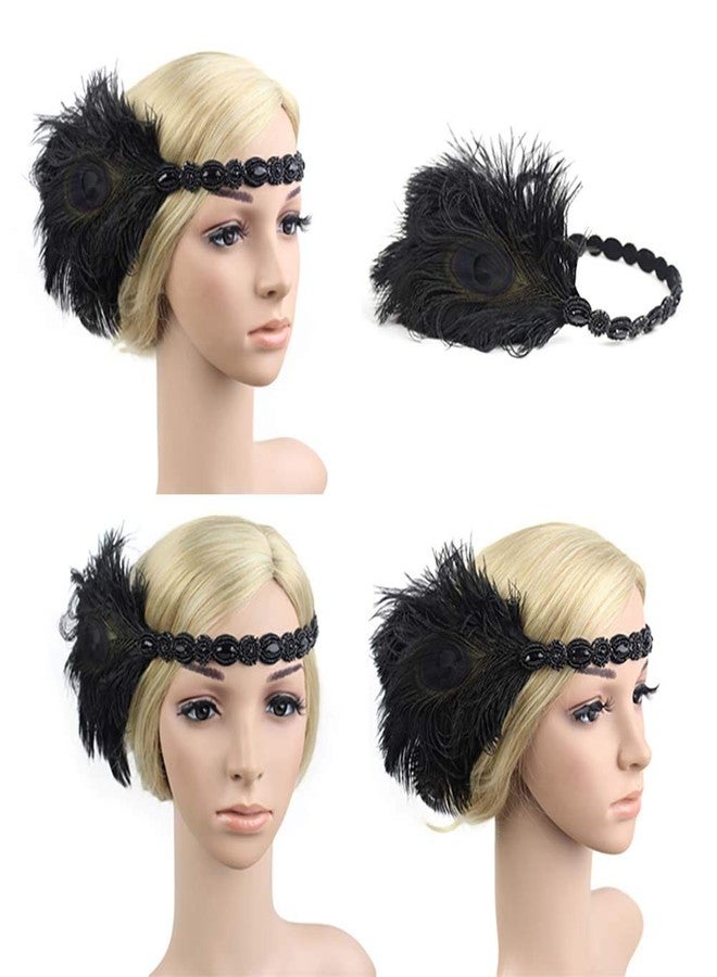 StarDY 1920s Flapper Headbands Great Gatsby Rhinestone Headpiece with Peacock Feather Jewel Hair Accessories (Black) - Image 4