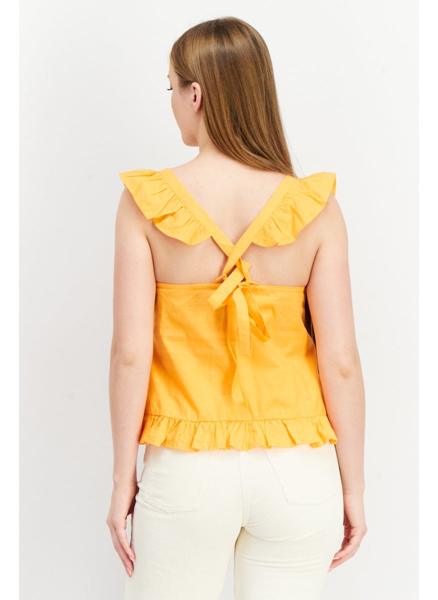 boohoo - Women V Neck Sleeveless Frill Detail Cami Top, Orange - Image 1