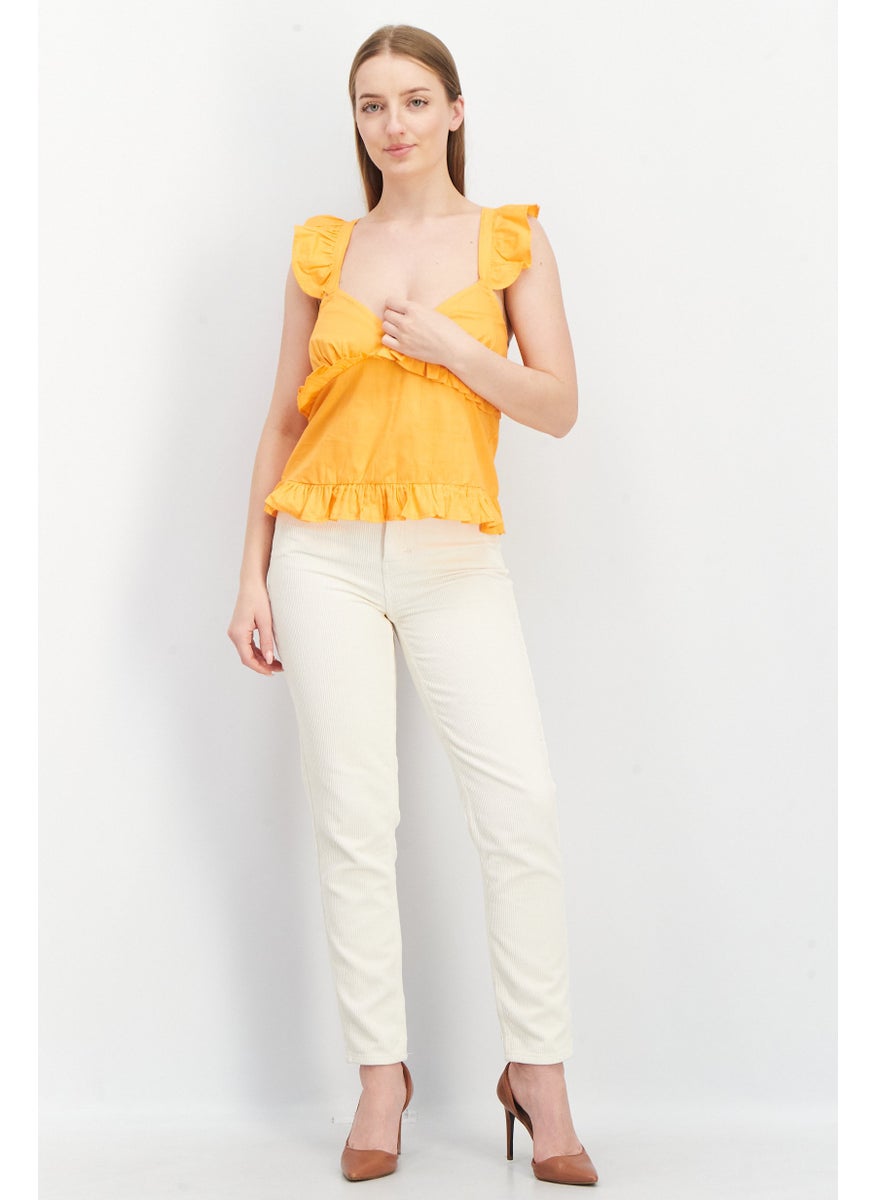 boohoo - Women V Neck Sleeveless Frill Detail Cami Top, Orange - Image 1
