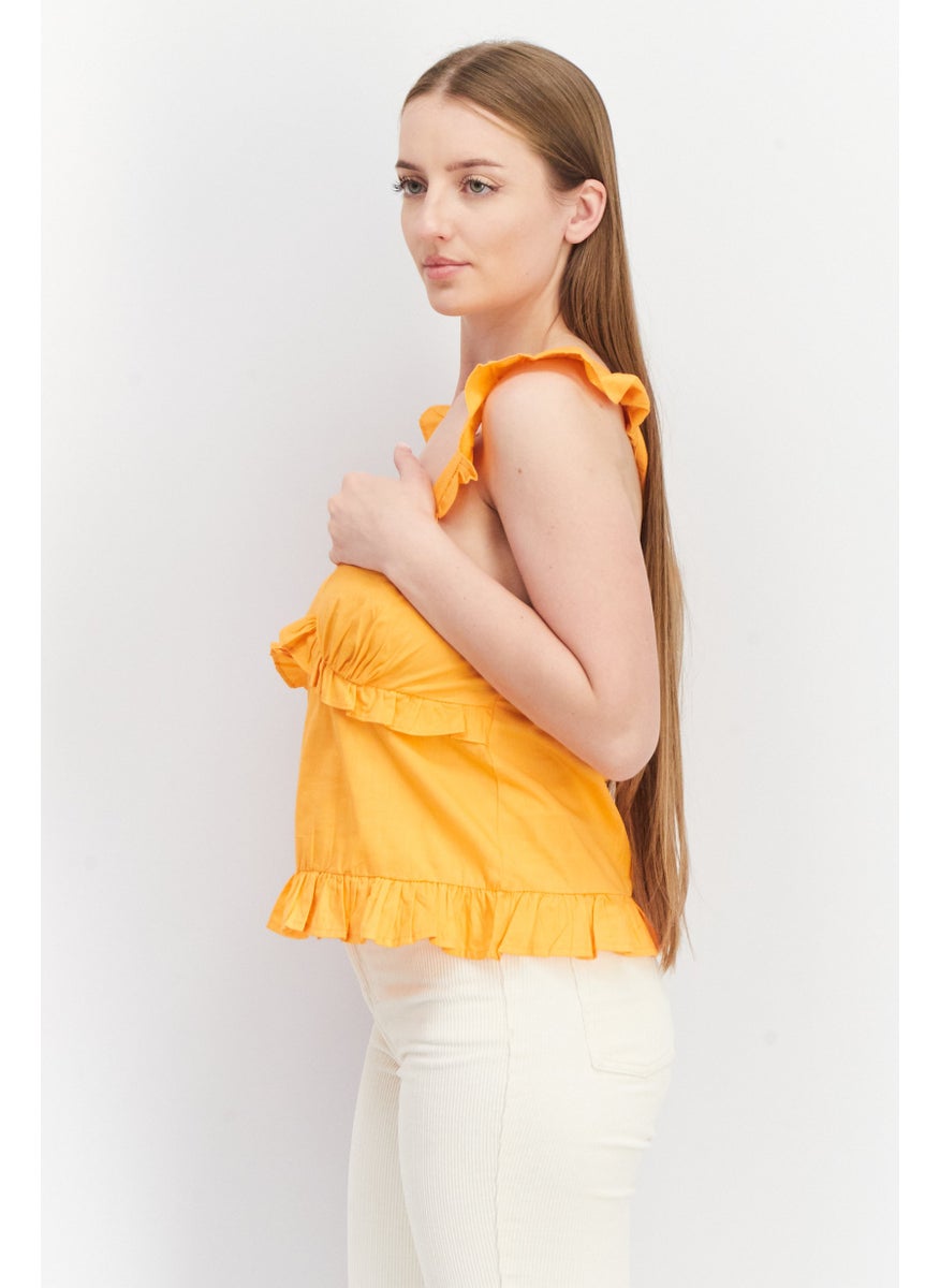 boohoo - Women V Neck Sleeveless Frill Detail Cami Top, Orange - Image 1