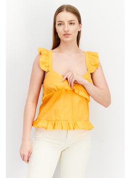 Women V Neck Sleeveless Frill Detail Cami Top, Orange