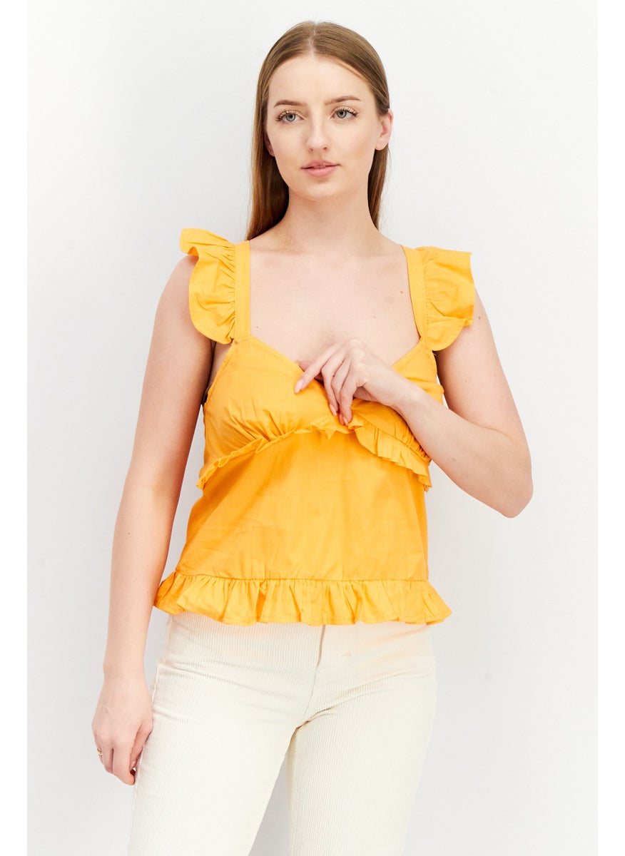 boohoo - Women V Neck Sleeveless Frill Detail Cami Top, Orange - Image 1