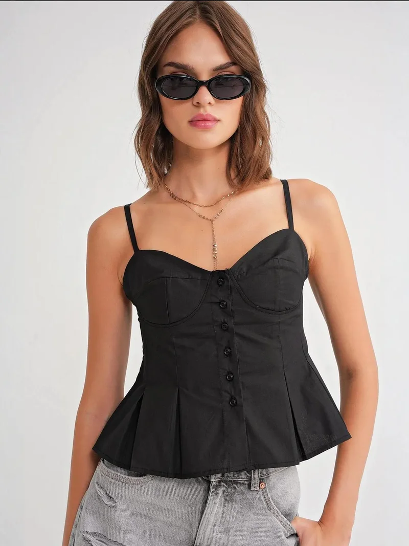 MixRay Sweetheart Neck Button-Front Peplum Cami Top