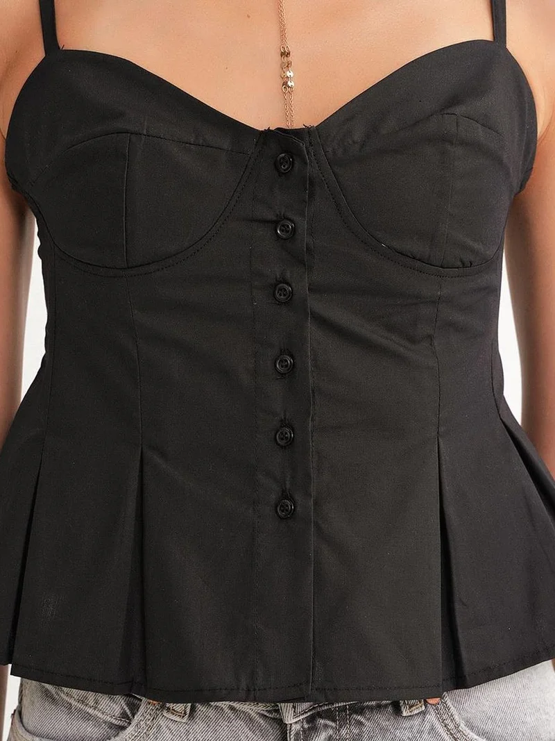 MixRay Black Sweetheart Neck Button-Front Peplum Cami Top for Women | Best Price UAE