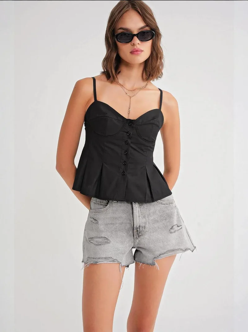 MixRay Black Sweetheart Neck Button-Front Peplum Cami Top for Women | Best Price UAE