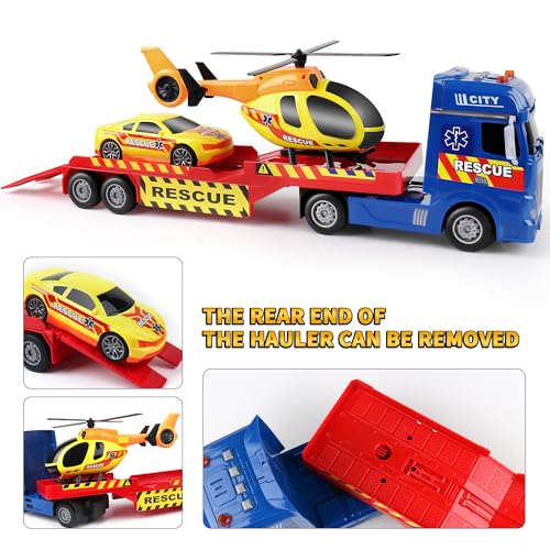 Dwi Dowellin Tow Truck Toy for Kids256 Semi Truck Toy with Racing Car and Helicopter SemiTrailer with Lights SoundsBirthday Gift for 2 3 4 5 Years Old Boys and Girls - Image 5