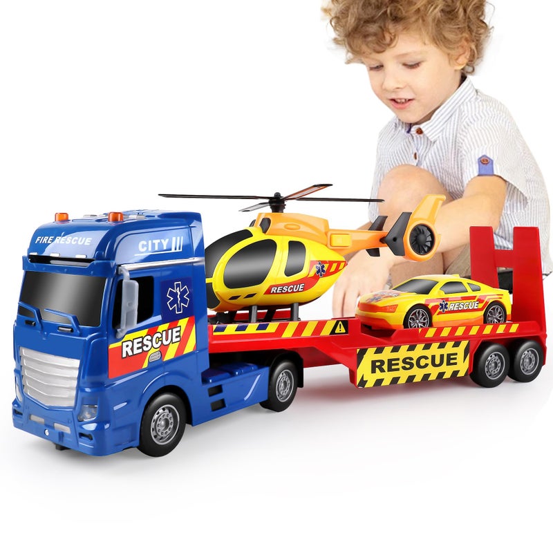 Dwi Dowellin Tow Truck Toy for Kids256 Semi Truck Toy with Racing Car and Helicopter SemiTrailer with Lights SoundsBirthday Gift for 2 3 4 5 Years Old Boys and Girls - Image 3