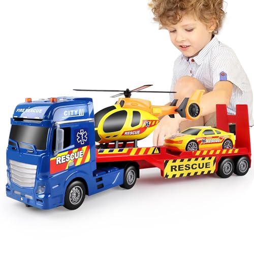 Dwi Dowellin Tow Truck Toy for Kids256 Semi Truck Toy with Racing Car and Helicopter SemiTrailer with Lights SoundsBirthday Gift for 2 3 4 5 Years Old Boys and Girls - Image 1