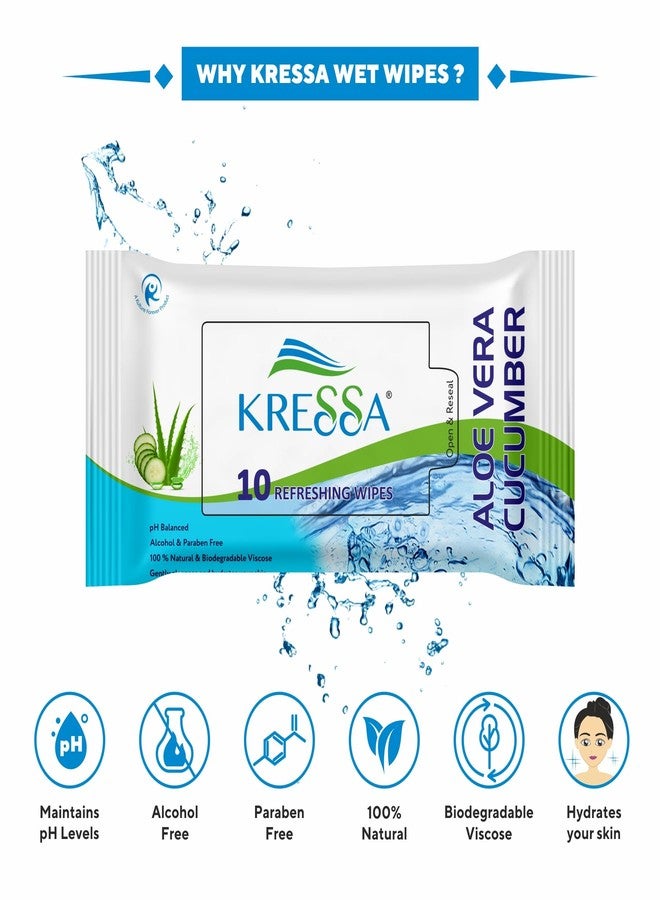 KRESSA مناديل كريسا المبللة المنعشة بخلاصة الصبار والخيار | مناديل لتنظيف الوجه | مصنوعة من ألياف طبيعية وفيسكوز | مرطبة، خالية من البارابين والكحول (عبوة من 8 مناديل) - Image 4