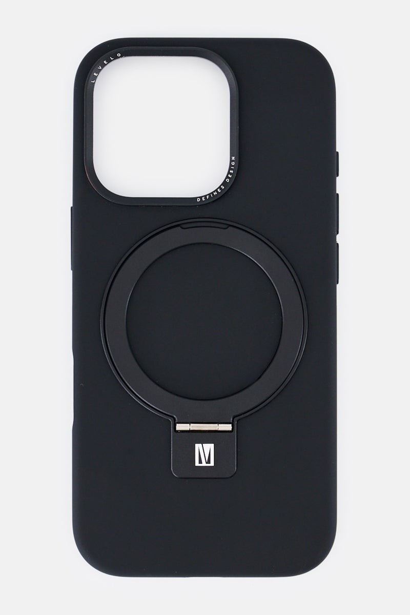 LEVELO iPhone 16 Pro Iris Magsafe Liquide Silicone Case With Ring Stand, Black - Image 1