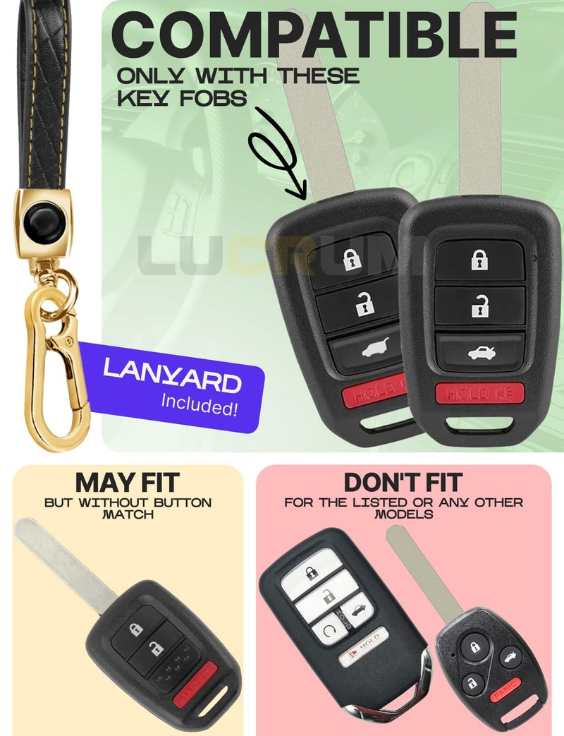 Lucrum Compatible with Honda Key Fob Cover & Leather Keychain - TPU Keyfob Case for Accord Civic CR-V HR-V Pilot Ridgeline SE LX, For 4 Button Remote (2014-2022) - Black and Gold - Image 2