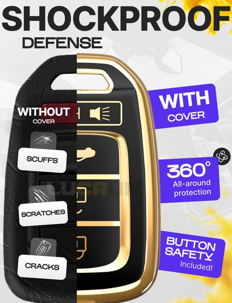 Lucrum Compatible with Honda Key Fob Cover & Leather Keychain - TPU Keyfob Case for Accord Civic CR-V HR-V Pilot Ridgeline SE LX, For 4 Button Remote (2014-2022) - Black and Gold - Image 4