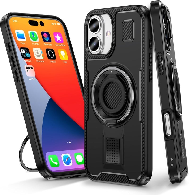 KASTWAVE Stand Case For Iphone 16, Slim Thin Finger Loop Protective Hard Case With Adjustable Magnetic Metal Ring Holder, Carbon Fibre Dissipate Heat, Heavy Duty Drop Protection Shockproof Phone Cover, Black - Image 1