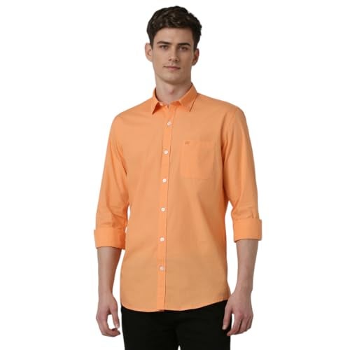 Peter England Men's Classic Slim Fit Full Sleeve Oxford Shirt | 100% Cotton Orange, 39 - Image 1