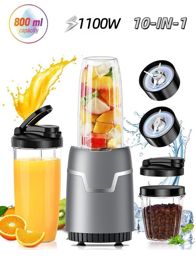 Bolivia's Countertop Blender Smoothie Maker, 1100W 27000RPM Multifunctional Personal Size Juice Blender, Juicer Blender 10-Piece Set with 2 * 800ML To-Go Cups 300 ML Grinding Cup Stainless Steel Blades, Mini Sports Mixer and Grinder Combo for Kitchen Smoothies Fresh Fruit Shakes - Image 1