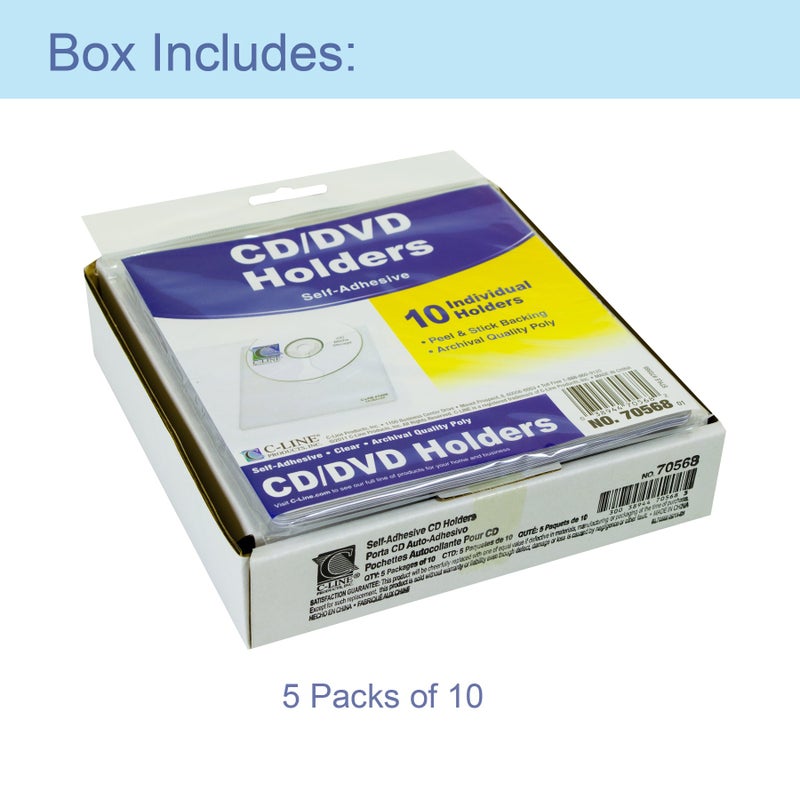 C-Line Self-Adhesive CD Holder, 5.33 X 5.66 Inches, Clear, 5 Packs of 10 Sheets, 50 Total (70568-5) - Image 2