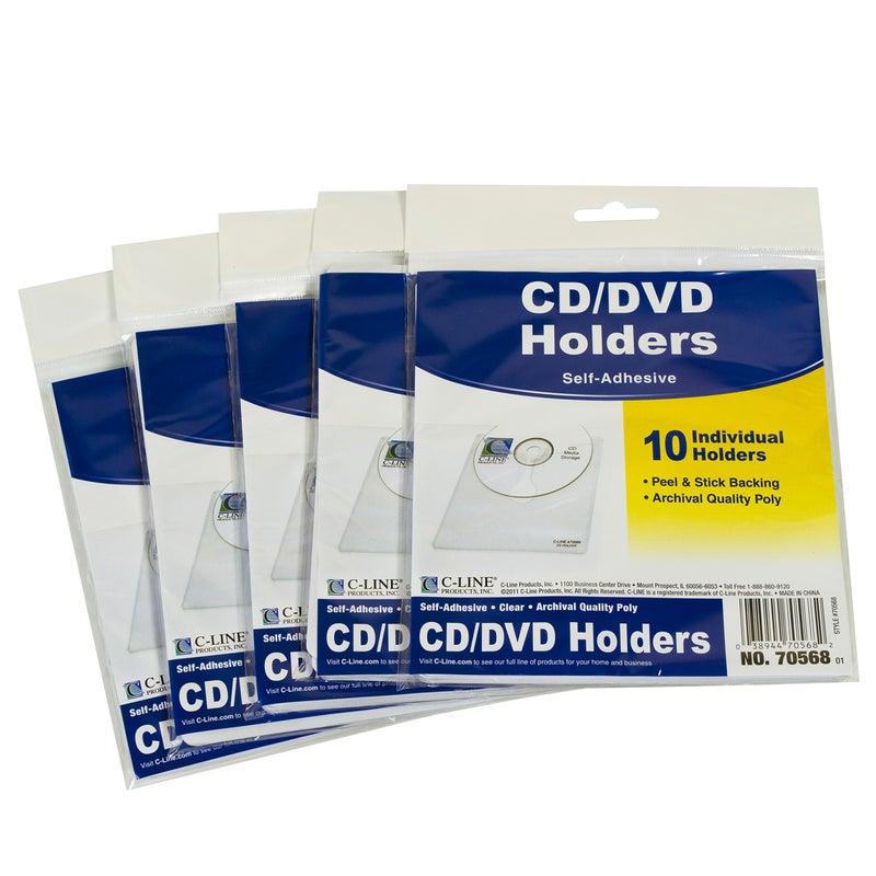 C-Line Self-Adhesive CD Holder, 5.33 X 5.66 Inches, Clear, 5 Packs of 10 Sheets, 50 Total (70568-5) - Image 1