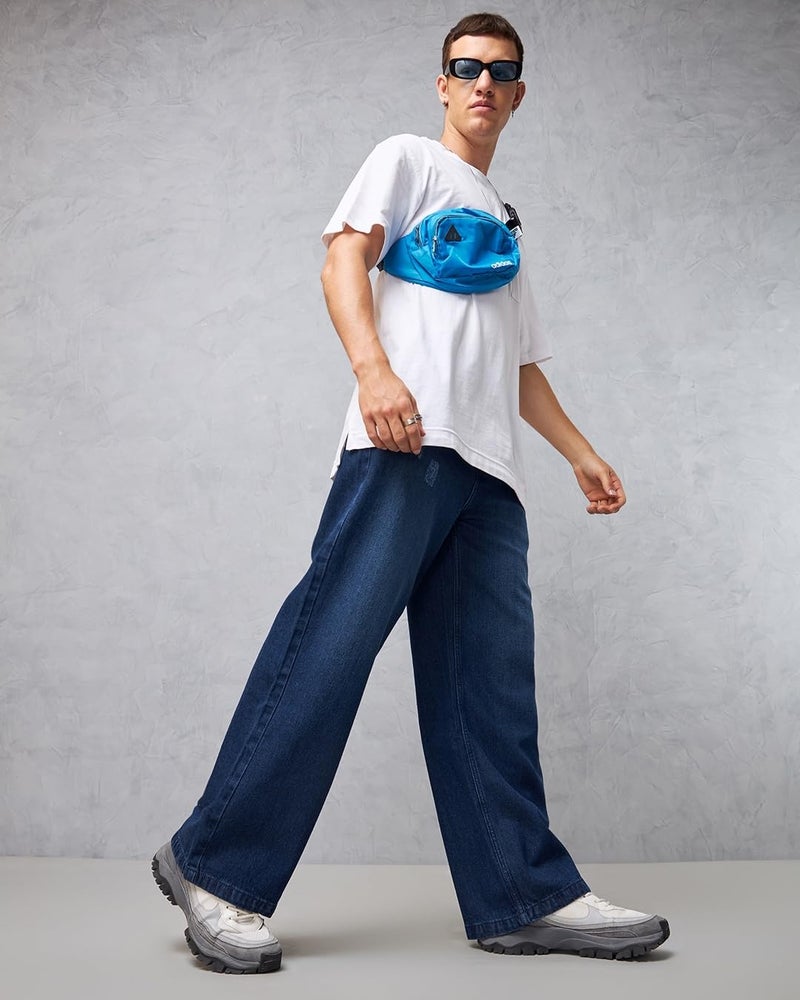 Bewakoof Men's Solid High Rise Wide Leg Cotton High Rise Baggy Jeans_624688_Blue_34 - Image 4