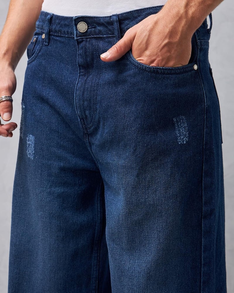 Bewakoof Men's Solid High Rise Wide Leg Cotton High Rise Baggy Jeans_624688_Blue_34 - Image 5