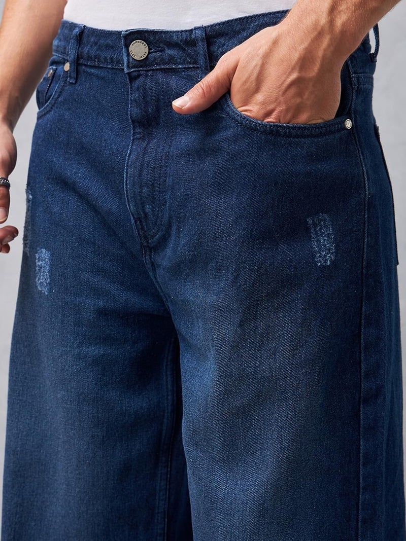 Bewakoof Men's Solid High Rise Wide Leg Cotton High Rise Baggy Jeans_624688_Blue_34 - Image 2