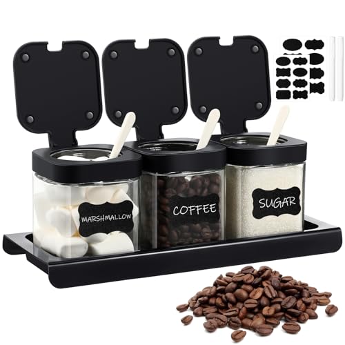 Suclain 3 Pcs Glass Coffee Containers Coffee Station Organizer Set Airtight Bean Storage Jars with Shelflabelsspoon Base and Penfor Sugar Candy Oats NutsBlack - Image 1