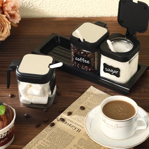 Suclain 3 Pcs Glass Coffee Containers Coffee Station Organizer Set Airtight Bean Storage Jars with Shelflabelsspoon Base and Penfor Sugar Candy Oats NutsBlack - Image 3