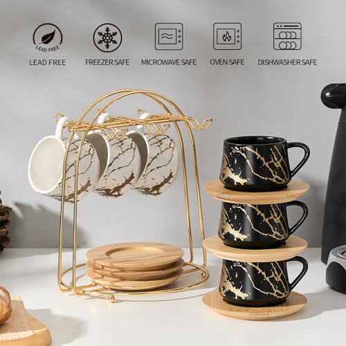 LUKA Ceramic Espresso Cups with Saucers and Metal Stand, Small 4 oz Porcelain Demitasse Cups Set of 6, Cute Cappuccino Coffee Cups for Double Espresso, Tea, Marbling White & Black - Image 4