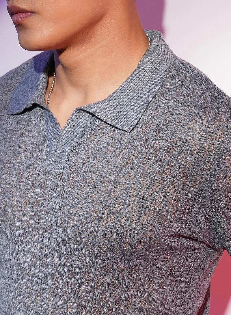 Campus Sutra Men's Ash Grey Abstract-Textured Polo T-Shirt
